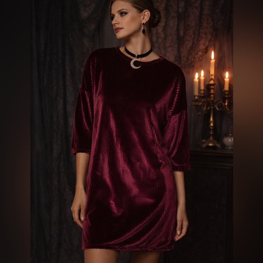 ZARA Oversized Velvet Dress – Burgundy Wine – Whimsygoth – Size Small
